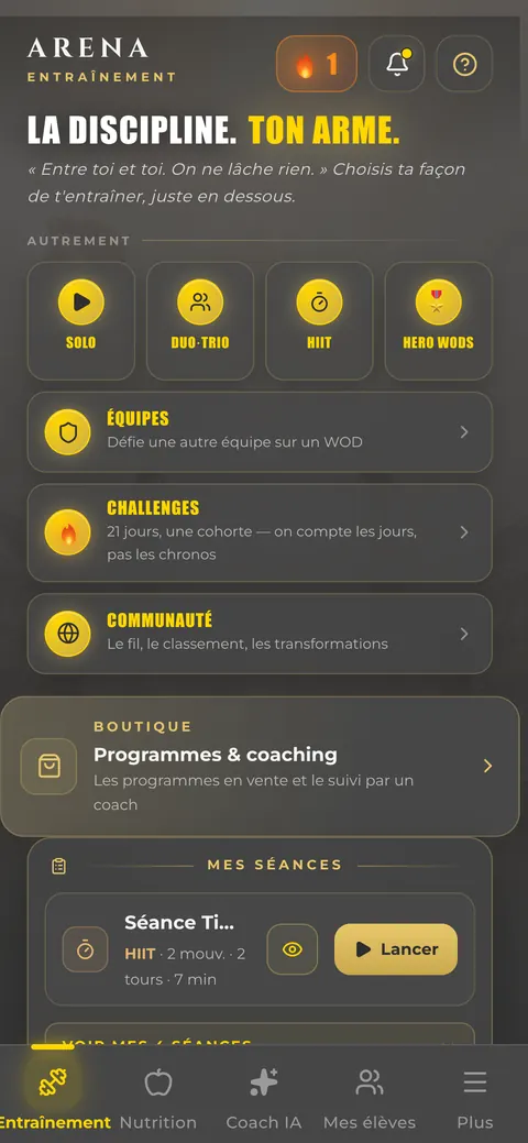 Écran d'accueil Entraînement
